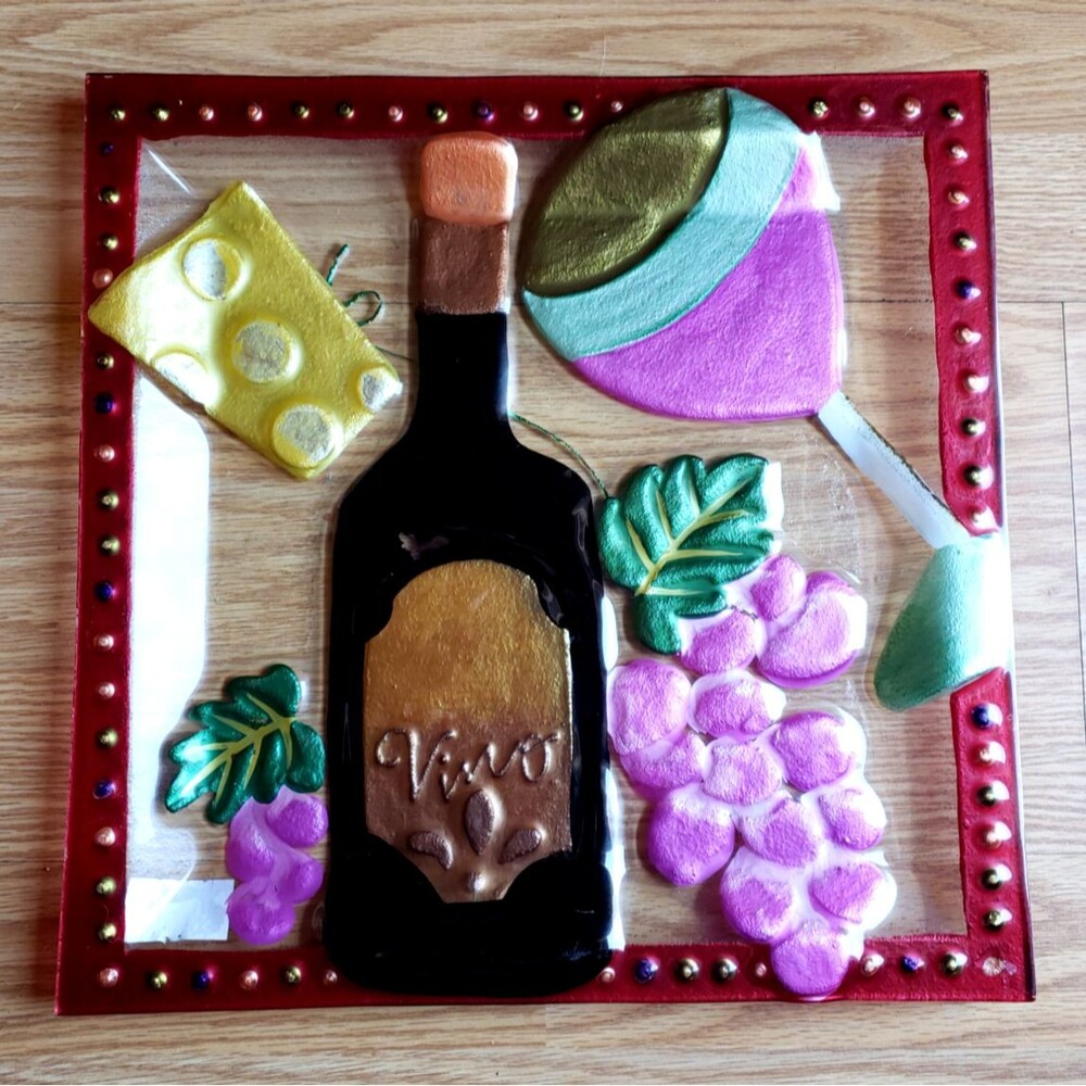 LSARTS Glass Wine And Cheese PLATTER 11.5 Square Vino Bottle Wine Glass Grapes
